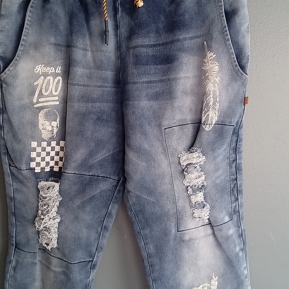 Distressed Denim Joggers Skull Feather Graphic Print‎ Drawstring Pants